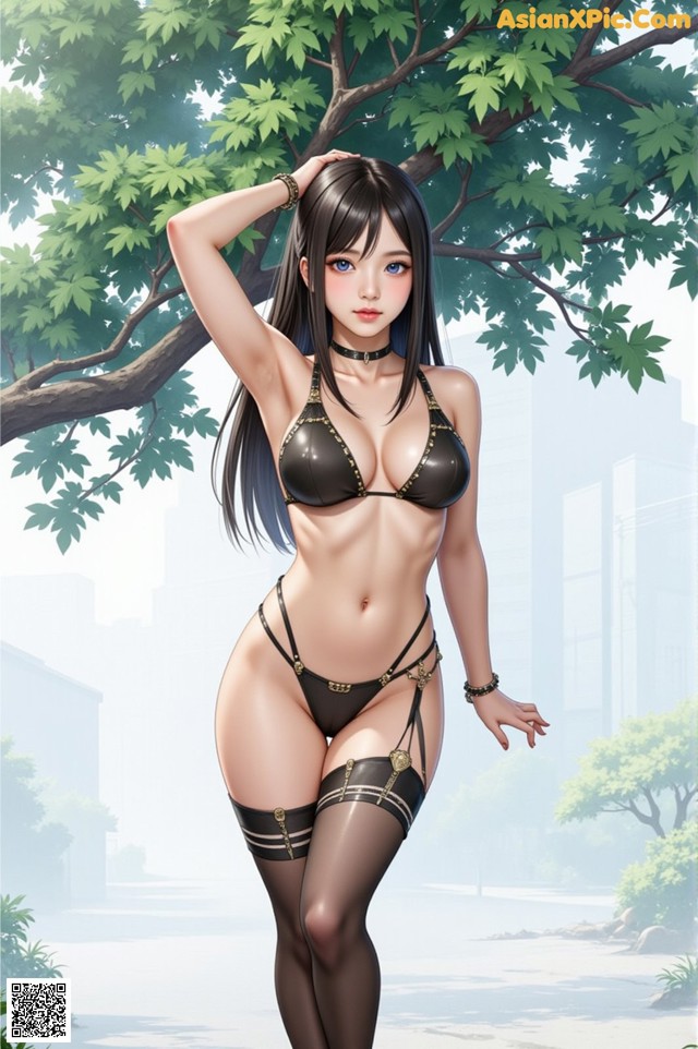 A woman in a black bikini and stockings posing for a picture.