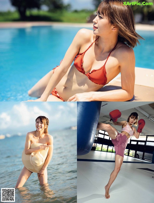 A woman in a bikini and boxing gloves in the water.